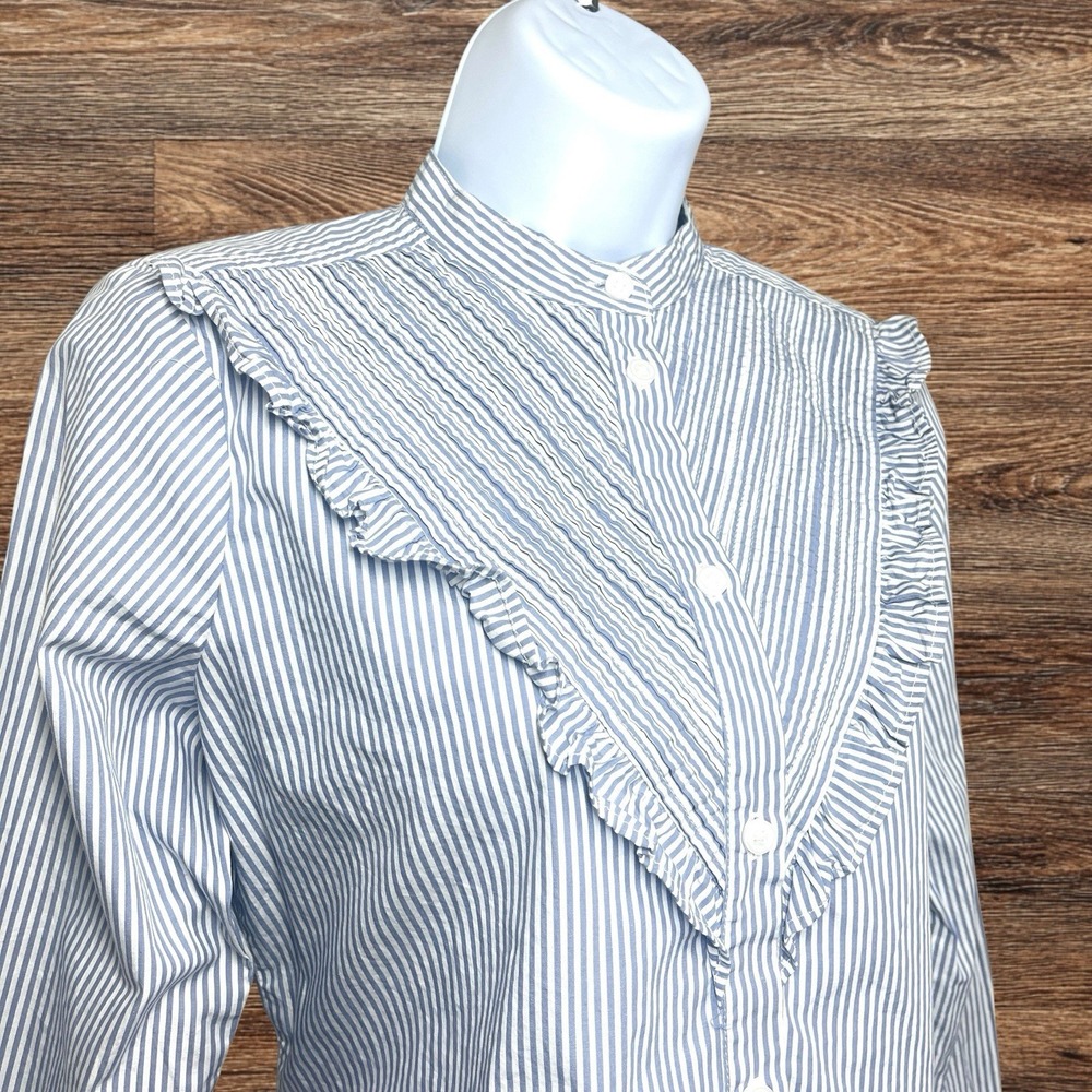 J‎ Crew Ruffle Trim Bib Cotton Poplin Button-up Shirt Sz 0 Blue Stripes Feminine